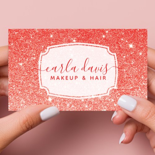 Modern Red Ombre Glitter Chic Makeup Artist Business Card