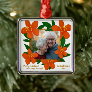 Modern Red Orange Gold Floral Photo Christmas Metal Ornament