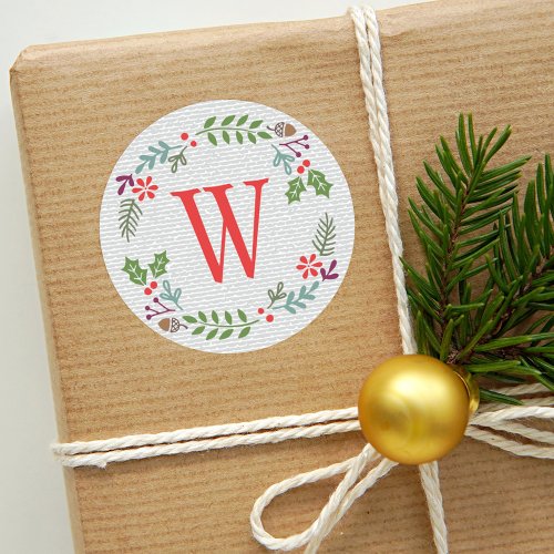 Modern Red Orange Monogram Holiday Wreath Classic Round Sticker