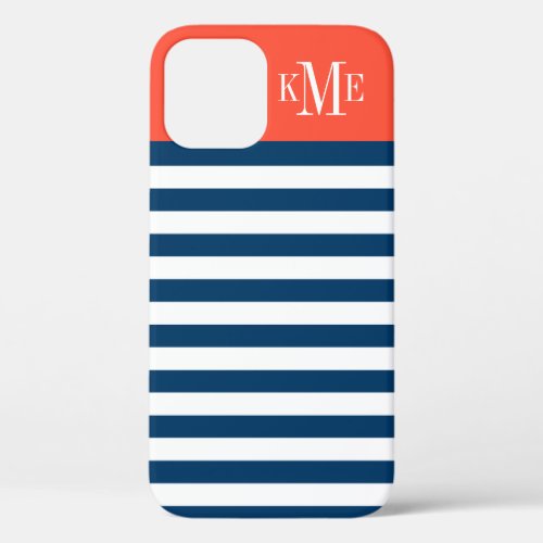 Modern Red Orange Navy Stripes Custom Monogram iPhone 12 Case