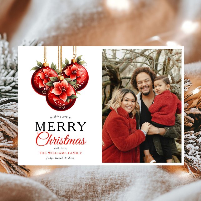 Modern Red Ornaments Merry Christmas Photo Holiday Card (Creator Uploaded)