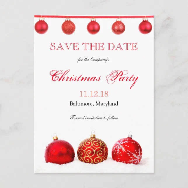 Modern Red Ornaments Save The Date Christmas Party Announcement ...