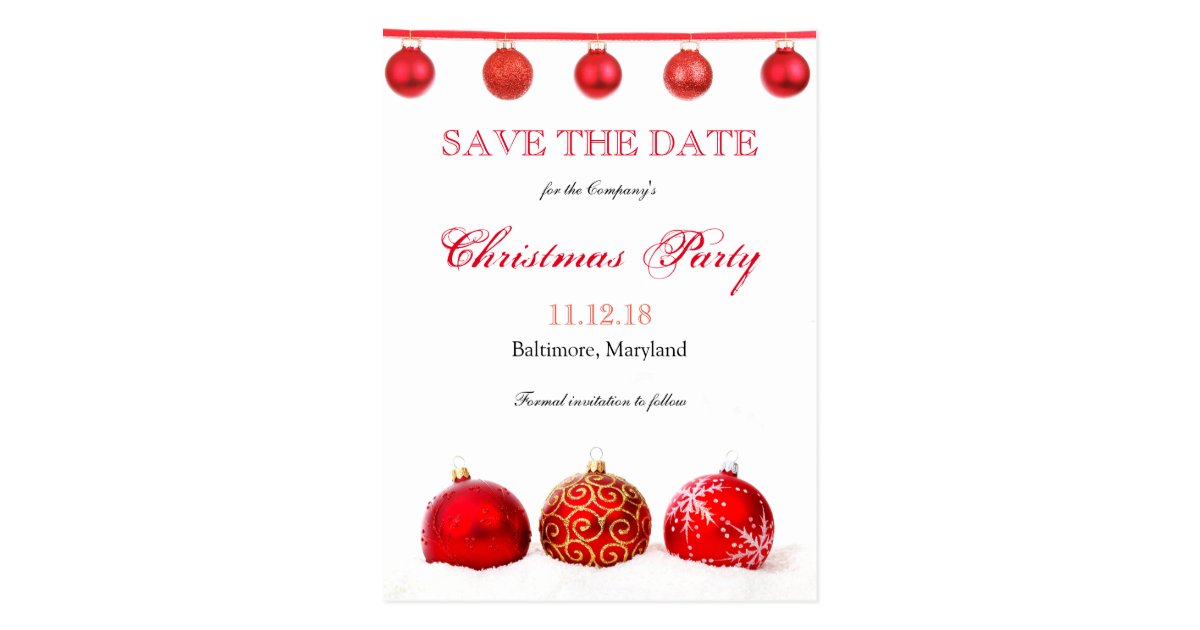 modern red ornaments save the date christmas party christmas save the date cards
