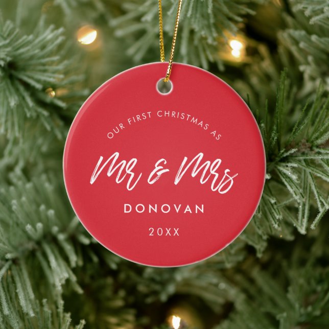 Modern Red Our First Christmas Wedding Photo Ceramic Ornament (Tree)