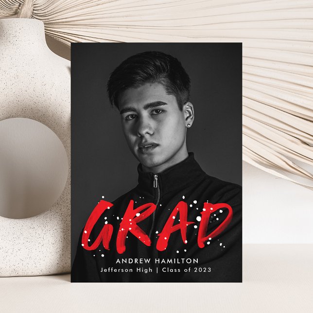 Modern Red Paint Splatter Photo Graduation Announcement (Creator Uploaded)