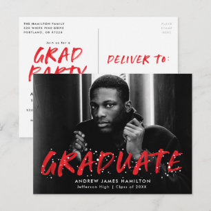 Modern Red Paint Splatter Photo Graduation Party Invitation Postcard