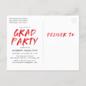 Modern Red Paint Splatter Photo Graduation Party Invitation Postcard (Back)