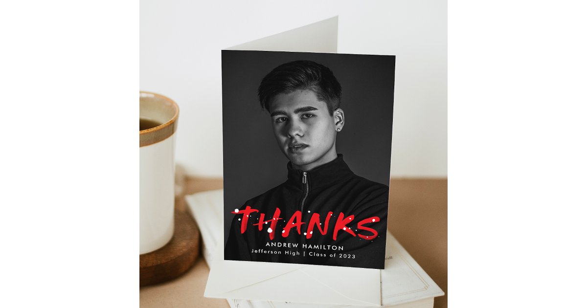Modern Red Paint Splatter Photo Graduation Thank You Card | Zazzle