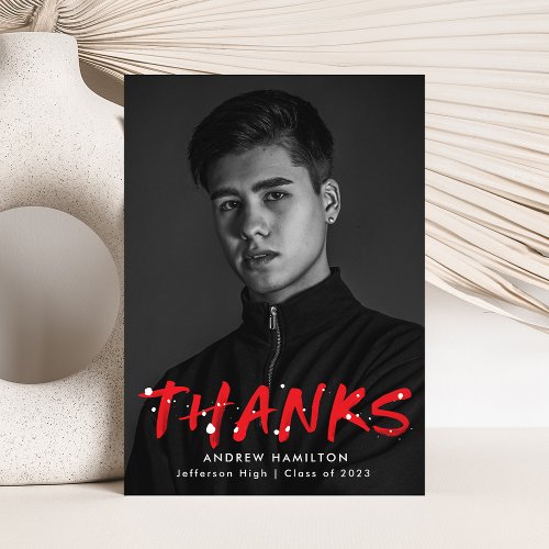 Modern Red Paint Splatter Photo Graduation Thank You Card