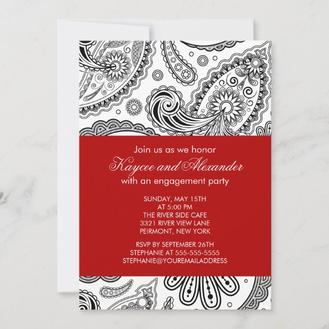 Modern Red Paisley Engagement Party Invitations (Front)