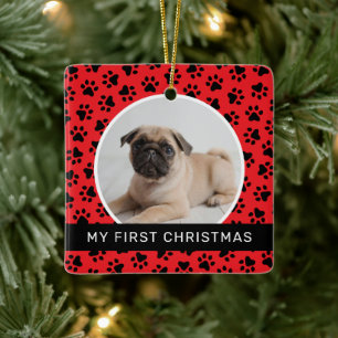 Modern Red Paw Print Puppy First Christmas Photo Ceramic Ornament