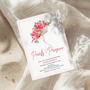 Modern Red Peonies Pearls Prosecco Bridal Shower Invitation