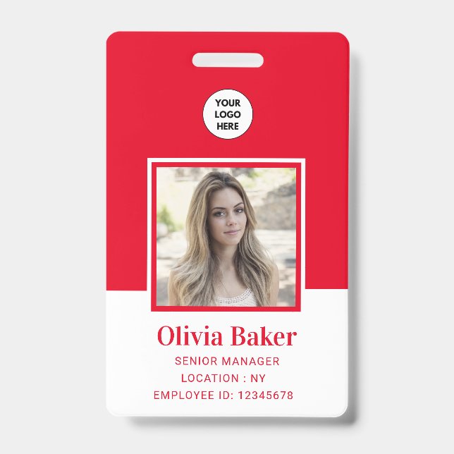 Modern Red Photo Barcode Business Logo Namee Badge (Front)