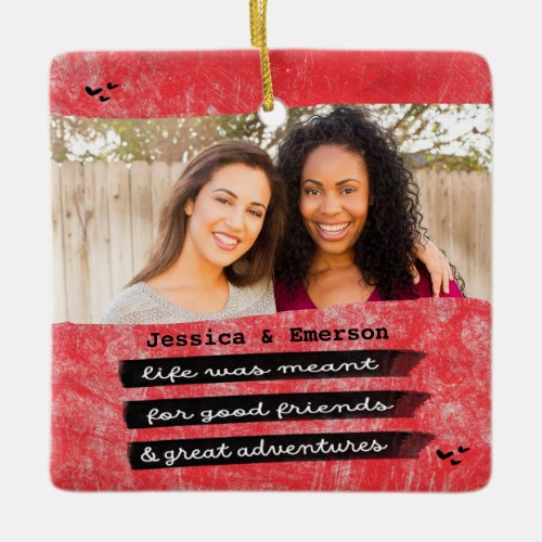 Modern Red Photo Best Friend Besties Christmas Ceramic Ornament