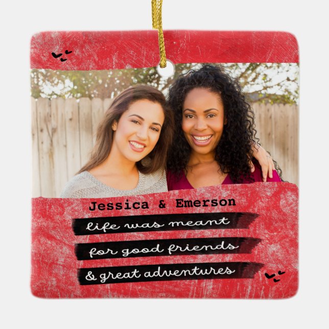 Modern Red Photo Best Friend Besties Christmas Ceramic Ornament (Front)