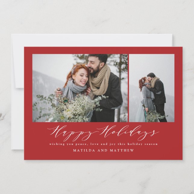 Modern red photo collage christmas script holiday card (Front)
