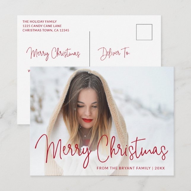 Modern Red Photo Elegant Christmas Holiday Postcard (Front/Back)