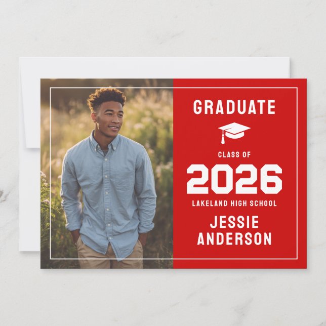 Modern Red Photo Graduation Announcement (Front)