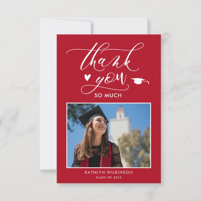 Modern Red Photo Graduation Thank You Card (Front)