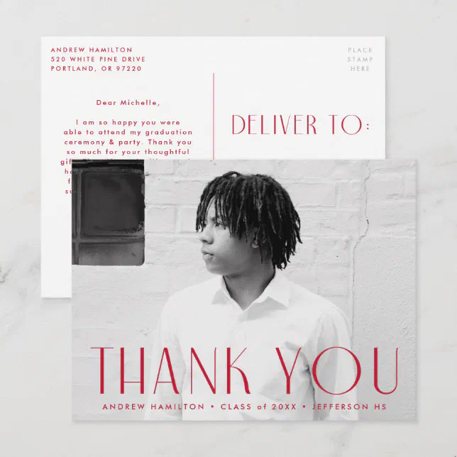Modern Red Photo Graduation Thank You Postcard | Zazzle