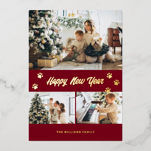 Modern Red Photo Happy New Year Gold Foil Holiday Card (Front)