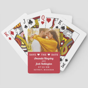 Modern Red Photo Heart Save the Date Poker Cards