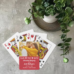 Modern Red Photo Heart Save the Date Poker Cards<br><div class="desc">Share your engagement photo and save the date on a fun, functional playing card deck your guests will treasure. The vibrant red color block design features a photo area at the top with a charming "Save the Date" header accented by heart icons, the couple's names in elegant calligraphy script, wedding...</div>