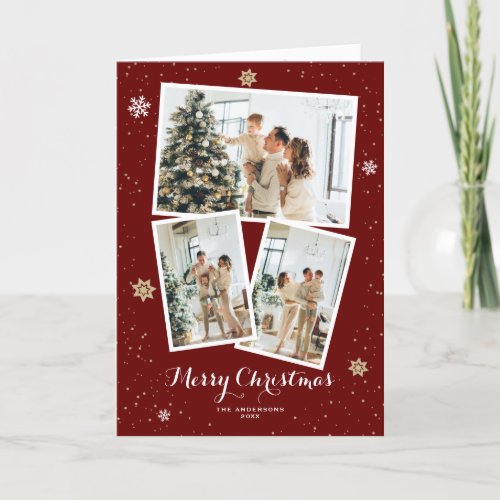 Modern Red Photo Snowflakes Stars Merry Christmas  Holiday Card