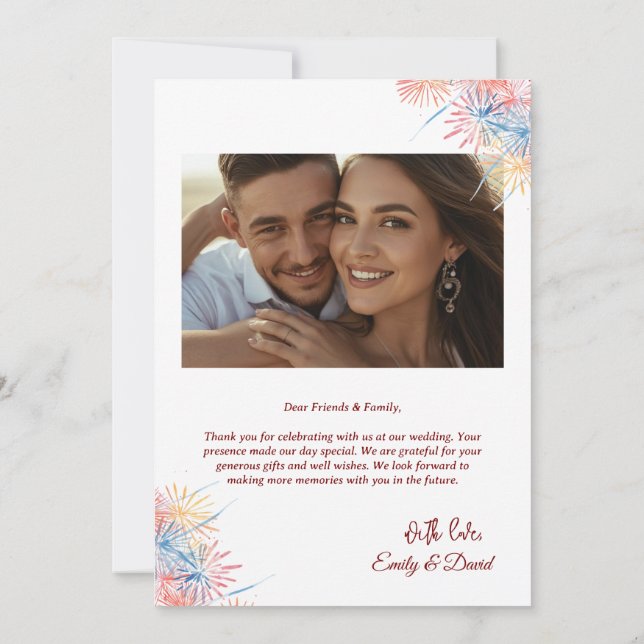 Modern Red  Photo Wedding Thank You Card W Note (Back)