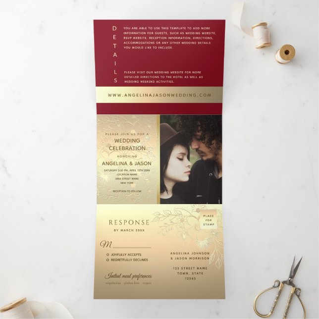 Modern Red Photo Wedding Tri-Fold Invitation (Inside)
