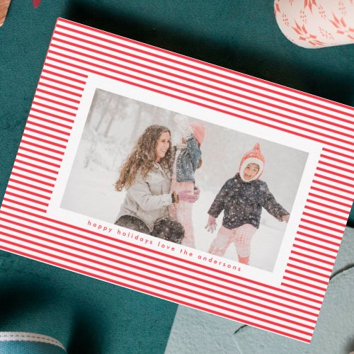 Modern Red Pin Stripes Christmas Frame Photo Holiday Card