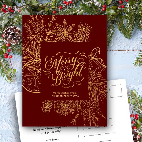 Modern Red Pine Bough Floral Elegant Gold Script Holiday Postcard