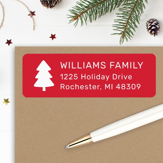Modern Red Pine Tree Christmas Family Address Label (Creator Uploaded)