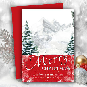 Modern Red Pine Tree Snowflakes Bokeh Chic Script Holiday Card