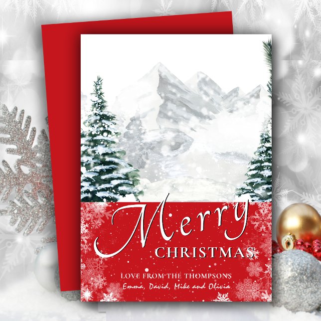Modern Red Pine Tree Snowflakes Bokeh Chic Script Holiday Card (Creator Uploaded)