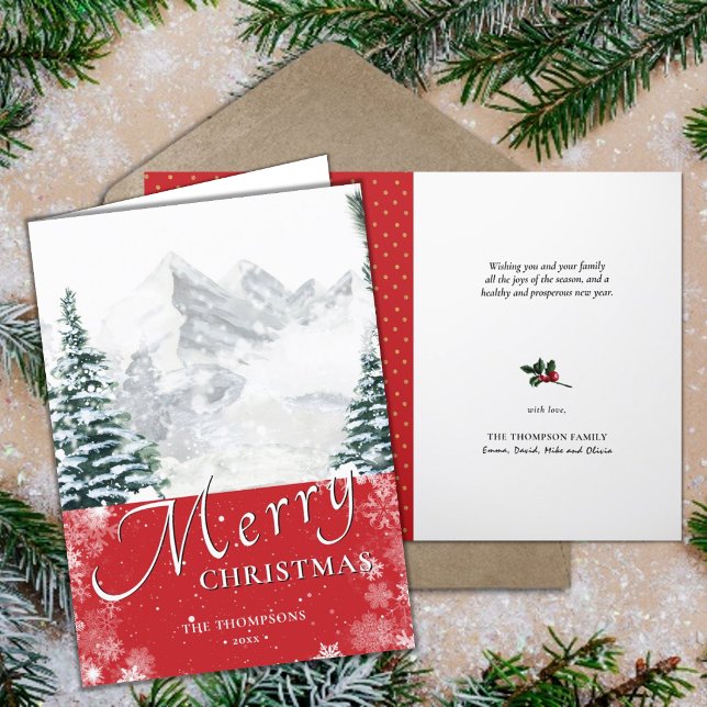 Modern Red Pine Tree Snowflakes Bokeh Chic Script Holiday Card (Creator Uploaded)