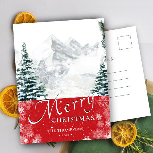 Modern Red Pine Tree Snowflakes Bokeh Chic Script Holiday Postcard