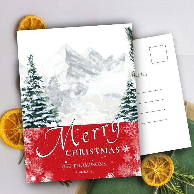 Modern Red Pine Tree Snowflakes Bokeh Chic Script Holiday Postcard (Creator Uploaded)