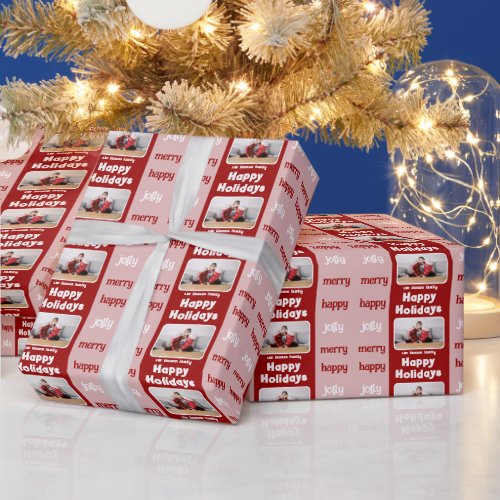 Modern Red Pink Family Photo Christmas Happy Wrapping Paper