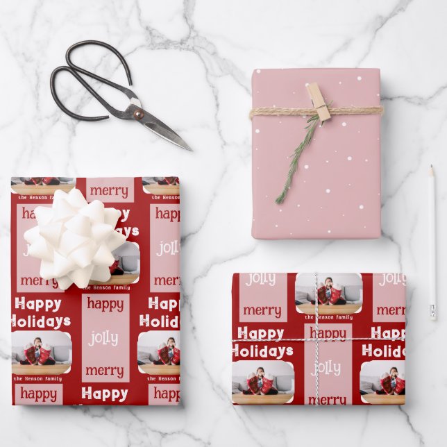 Modern Red Pink Family Photo Christmas Happy  Wrapping Paper Sheets (Front)