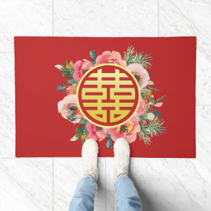 Modern red pink floral double happiness wedding doormat