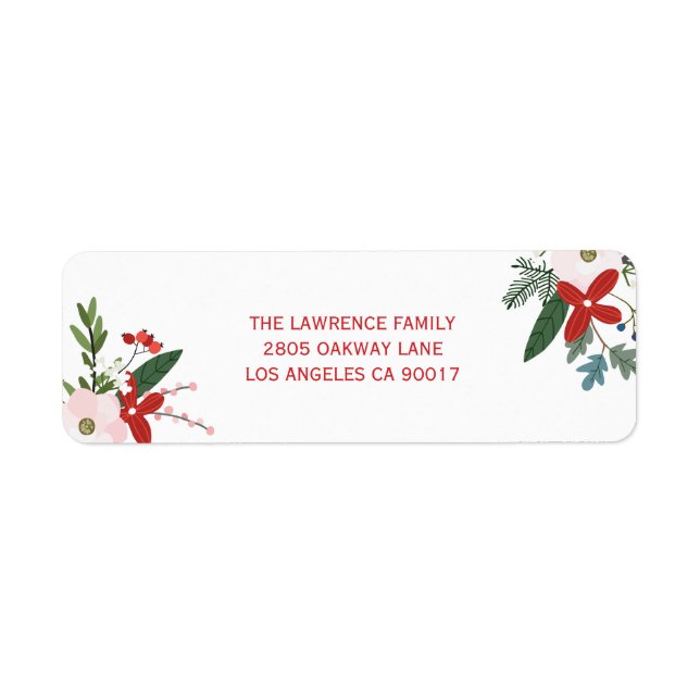 Modern Red Pink Floral Merry Christmas Address Label (Front)