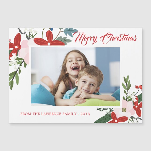 Modern Red Pink Floral Merry Christmas Photo Card (Front)