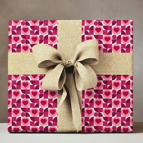 Modern Red Pink Geometric Love Heart Pattern Wrapping Paper