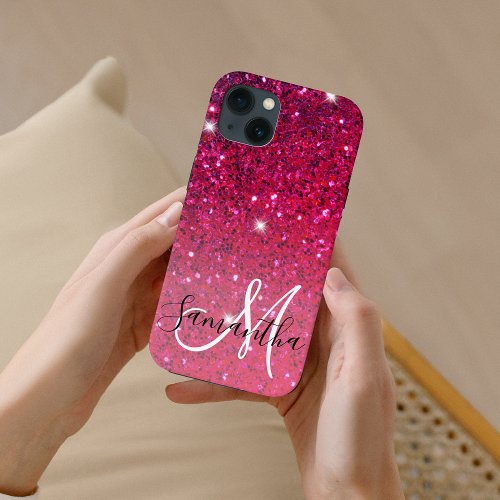 Modern Red  Pink Glitter Sparkles Name iPhone 13 Case