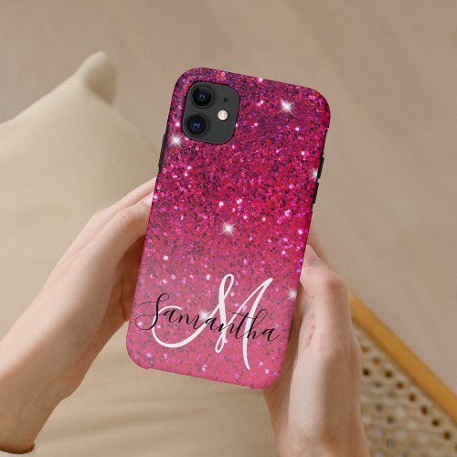 Modern Red  Pink Glitter Sparkles Name iPhone 11 Case