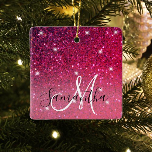 Modern Red  Pink Glitter Sparkles Name Ceramic Ornament