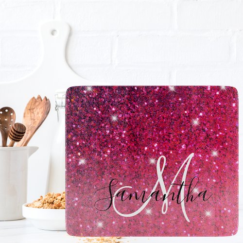 Modern Red  Pink Glitter Sparkles Name Cutting Board