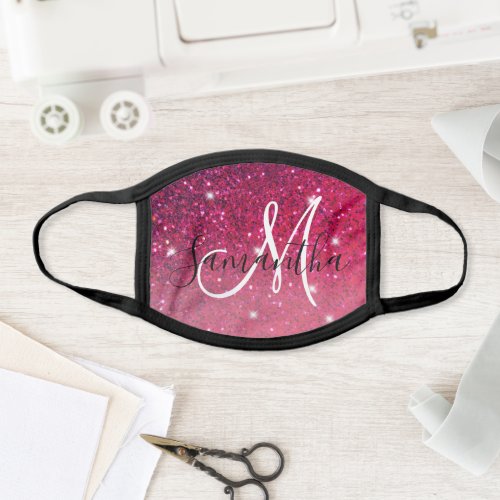 Modern Red  Pink Glitter Sparkles Name Face Mask