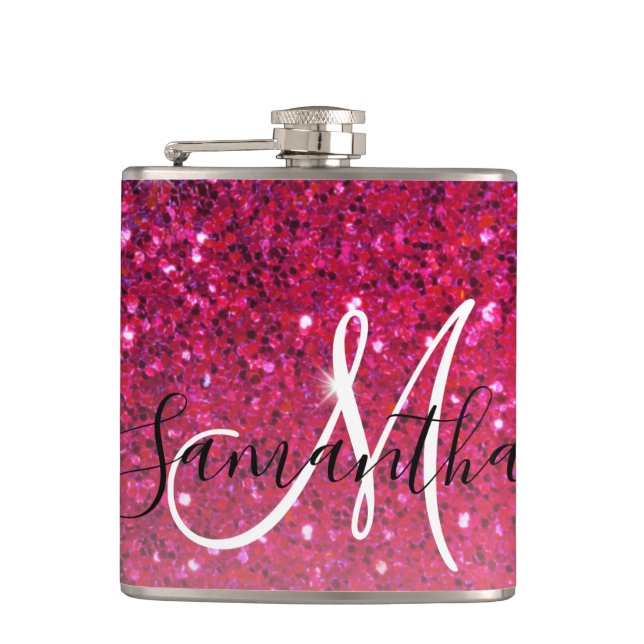 Modern Red & Pink Glitter Sparkles Name Flask (Front)